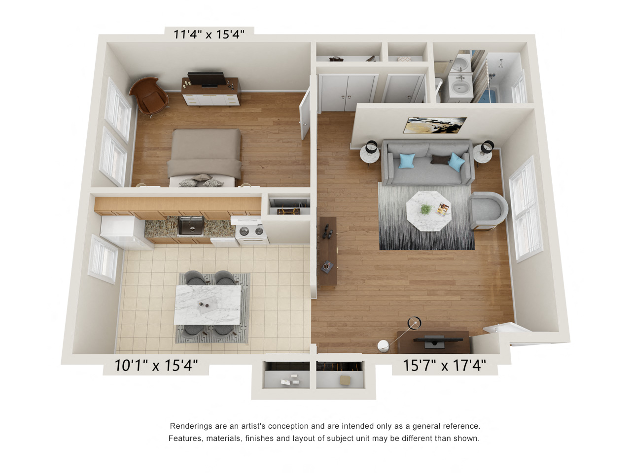 Floor plan for 1 bed, 1 bath, 700 sqft
